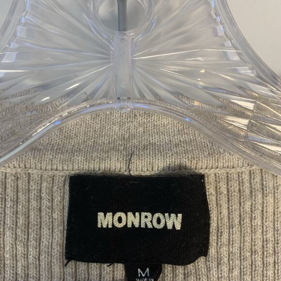 Monrow Sweater Women Medium Rib Henley Stretch Neutral Side Slits Preppy Classic - Picture 8 of 9